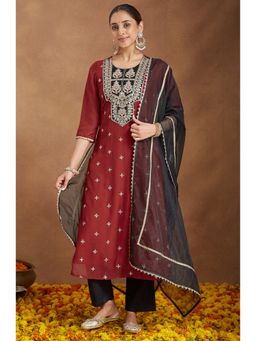 Janasya - Women's Maroon Chander Silk Embroidered Straight Kurta and Pant with Dupatta