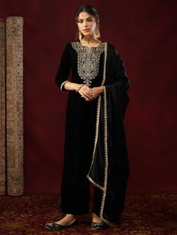 Janasya - Women's Black Velvet Zari Embroidered Straight Kurta and Pant with Dupatta