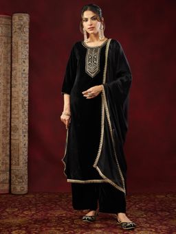 Janasya - Women's Black Velvet Zari Embroidered Straight Kurta and Pant with Dupatta