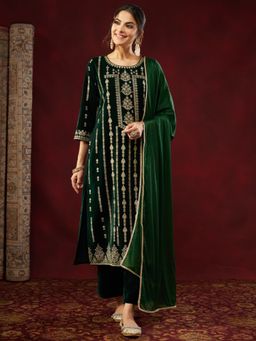 Janasya - Women's Botto Green Velvet Gold Printed Straight Kurta and Pant with Dupatta