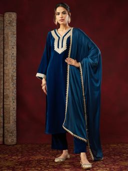 Janasya - Women's Teal Velvet Straight Kurta and Pant with Dupatta