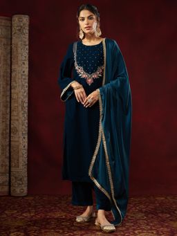Janasya - Women's Teal Velvet Embroidered Straight Kurta and Pant with Dupatta