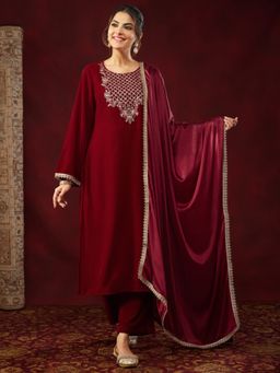 Janasya - Women's Maroon Velvet Zari Embroidered Straight Kurta and Pant with Dupatta