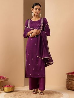 Janasya - Women's Purple Silk Blend Zari Embroidered Straight Kurta and Pant with Dupatta