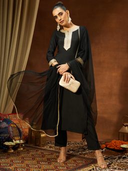 Janasya - Women's Black Chander Silk Straight Kurta and Pant with Dupatta