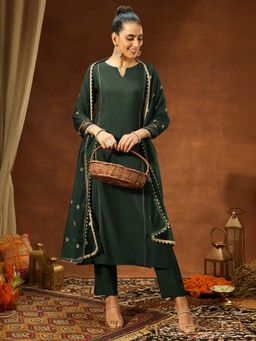 Janasya - Women's Bottle Green Chander Silk Embellished Straight Kurta and Pant with Dupatta