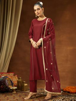 Janasya - Women's Maroon Chander Silk Embellished Straight Kurta and Pant with Dupatta