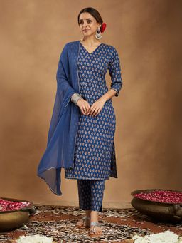 Janasya - Women's Blue Pure Cotton Ethnic Motifs Printed Straight Kurta and Pant with Dupatta
