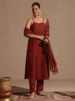 Janasya - Women's Maroon Silk Blend Embellished Straight Kurta and Pant with Dupatta