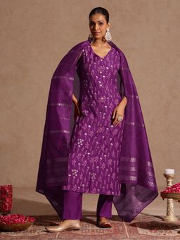 Janasya - Women's Purple Silk Blend Gold Printed Straight Kurta and Pant with Dupatta