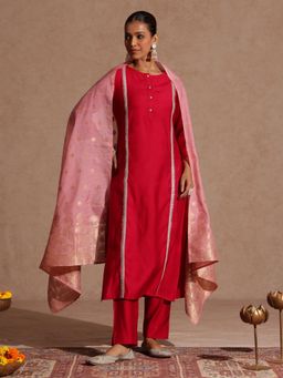 Janasya - Women's Pink Silk Blend Embellished Straight Kurta and Pant with Dupatta