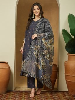 Janasya - Women's Grey Cotton Blend A-Line Kurta and Pant with Dupatta