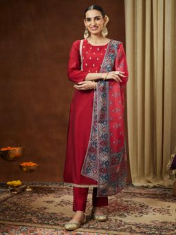 Janasya - Women's Maroon Chander Silk Embroidered Straight Kurta and Pant with Dupatta