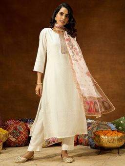 Janasya - Women's Off White Silk Blend Embellished Straight Kurta and Pant with Dupatta