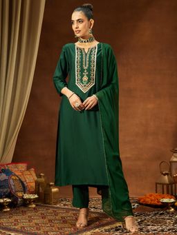 Janasya - Women's Bottle Green Silk Blend Embroidered Straight Kurta and Pant with Dupatta