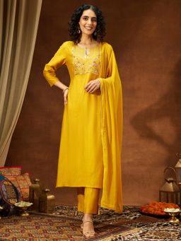 Janasya - Women's Mustard Silk Blend Embroidered Straight Kurta and Pant with Dupatta