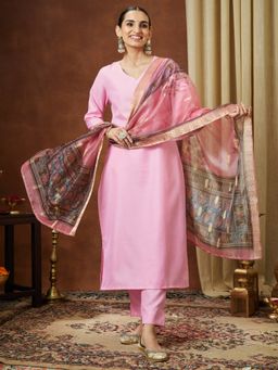Janasya - Women's Light Pink Cotton Blend Straight Kurta and Pant with Printed Dupatta