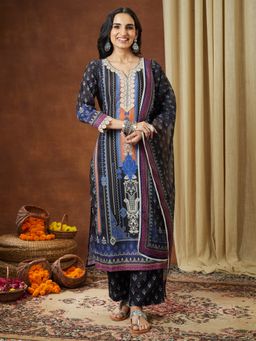 Janasya - Women's Black Cotton Blend Printed Straight Kurta and Pant with Dupatta