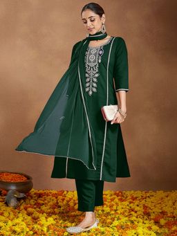 Janasya - Women's Bottle Green Silk Blend Embroidered Straight Kurta and Pant with Dupatta