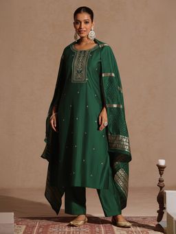 Janasya - Women's Bottle Green Silk Blend Embroidered Straight Kurta and Pant with Dupatta
