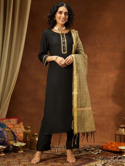 Janasya - Women's Black Silk Blend Embellished Straight Kurta and Pant with Dupatta