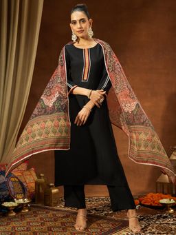 Janasya - Women's Black Silk Blend Straight Kurta and Pant with Dupatta