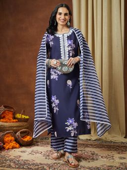 Janasya - Women's Purple Cotton Blend Floral Printed Straight Kurta and Pant with Dupatta