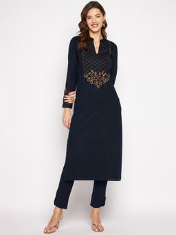 ZIGO - Womens Navy Blue Embroidered Full Sleeve Kurta Pants (Set of 2)