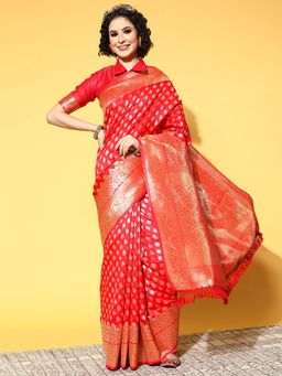 Odette - Silk Blend Red Woven Designer Saree with Unstitched Blouse
