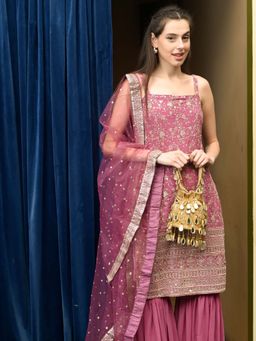 Odette - Beige Embellished Suede Potli