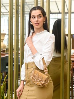 Odette - Beige Embellished Suede Handheld Bag