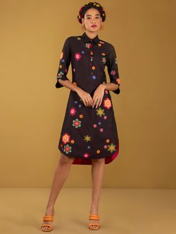 Pink Fort - Chanderi Shirt Collar Dress - Black