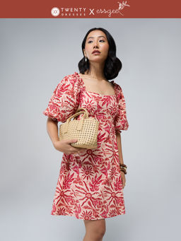 Twenty Dresses by Nykaa Fashion - Essgee Orange Bishop Sleeves Ruffled Shoulders Schiffli Mini Dress