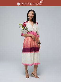 Twenty Dresses by Nykaa Fashion - Essgee Orange V Neck Balloon Sleeves Front Slit Midi Dress