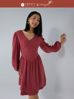 Twenty Dresses by Nykaa Fashion - Essgee Orange V Neck Bishop Sleeves Flared Mini Dress