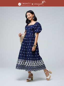 Twenty Dresses by Nykaa Fashion - Essgee Blue Wide Shoulder Puff Sleeves Schiffli Midi Dress
