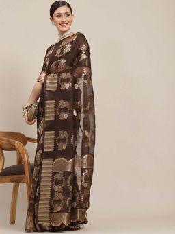 Sareemall - Women Cotton Blend Brown Designer Saree with Unstitched Blouse