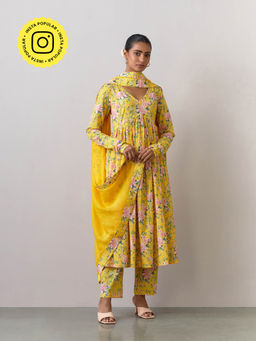 Ikshita Choudhary - Yellow Cotton Printed Kurta With Pants And Dupatta (Set of 3)