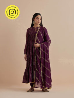 Ikshita Choudhary - Purple Printed Chanderi Anarkali With Churidar And Dupatta (Set of 3)