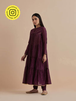 Ikshita Choudhary - Purple Printed Chanderi Anarkali With Churidar (Set of 2)