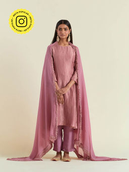 Ikshita Choudhary - Dusty Rose Gold Kurta with Pant and Dupatta (Set of 3)