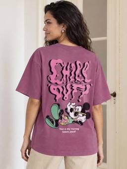 Bewakoof - Official Disney Women's Purple Chill Out Graphic Printed Oversized T-shirt