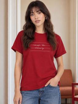 Bewakoof - Women's Red Escape The Ordinary Typography Boyfriend T-shirt