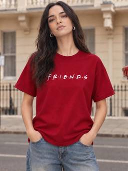 Bewakoof - Women's Red Friends Logo (FRL) Typography Boyfriend T-shirt