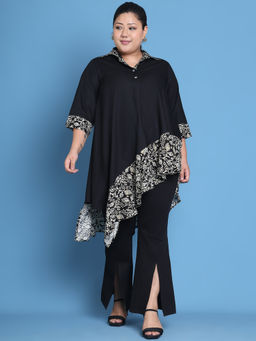 theRebelinme - Plus Size Black Solid Color & Black Batik Floral Printed Top