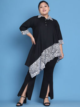 theRebelinme - Plus Size Black Solid Color & Black Zebra Floral Printed Detail Top