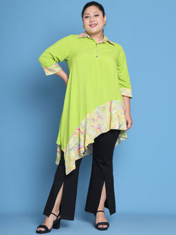theRebelinme - Plus Size Green Solid Color and Yellow Gold Foil Printed Top