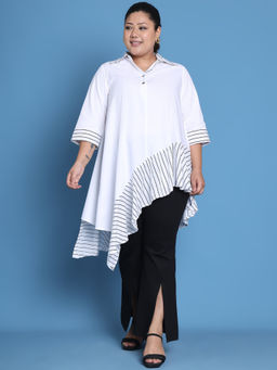 theRebelinme - Plus Size White Solid Color & White Stripe Printed Top