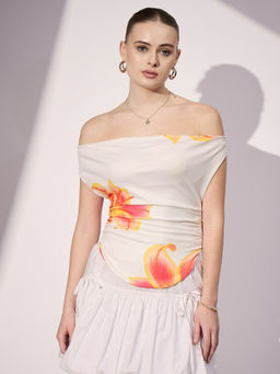 Uptownie - Printed Cotton Stretchable Draped White Top