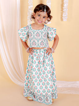 The Mom Store - Peach and Green Floral Print Girls Lehenga (Set of 2)